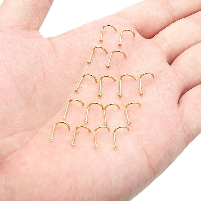 Hoeudjo Nose Studs Surgical Steel Cubic Zirconia Nose Rings Kit for Women Men Tiny Nose Stud Screw & Bone & L Shaped Nostril Rings Piercing Jewelry 22 Gauge 16 Pieces - Image 3